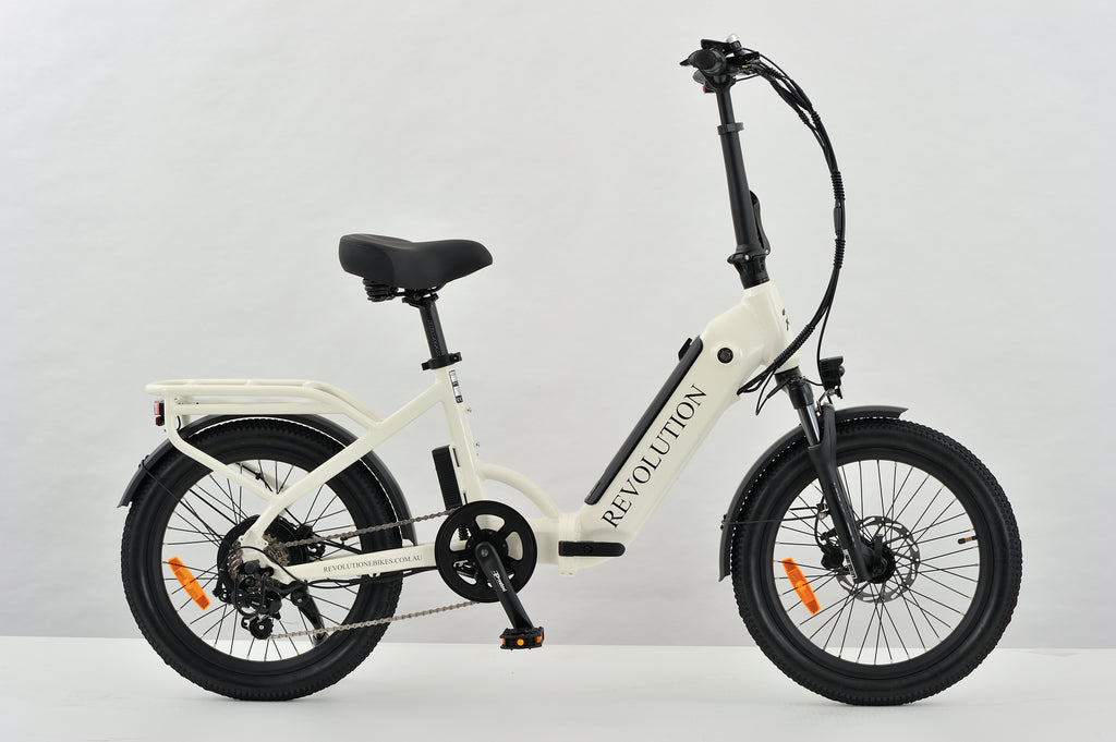 White/Cream electric bike with black accents on a white background